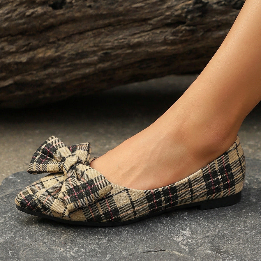 Women's Plaid Pointed Toe Flats with Big Bow - Classic Tartan Bowknot Ballet Flats