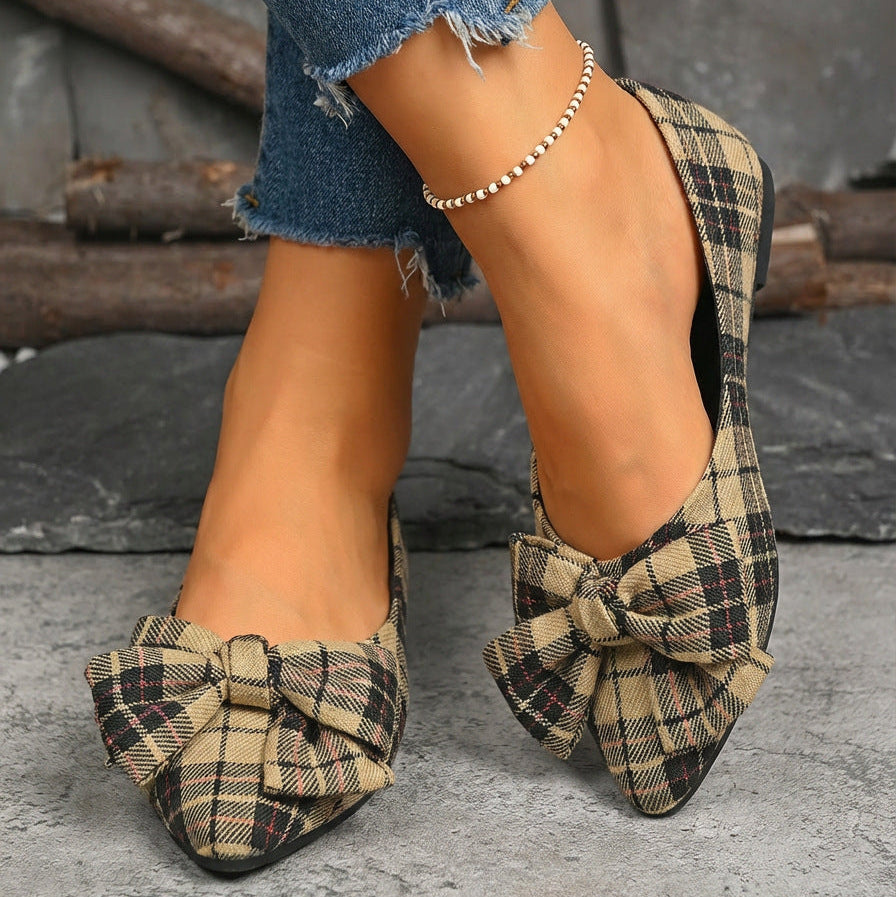 Women's Plaid Pointed Toe Flats with Big Bow - Classic Tartan Bowknot Ballet Flats