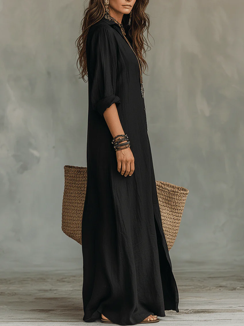 Alessia | Vestido Maxi Negro Suave con Botones