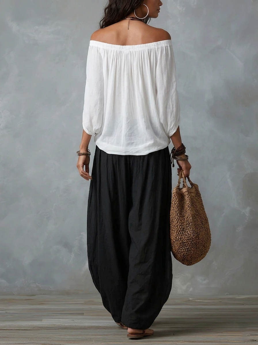 Aaliyah | Conjunto Top Hombros Descubiertos y Pantalón Lantern, Mezcla de Rayón