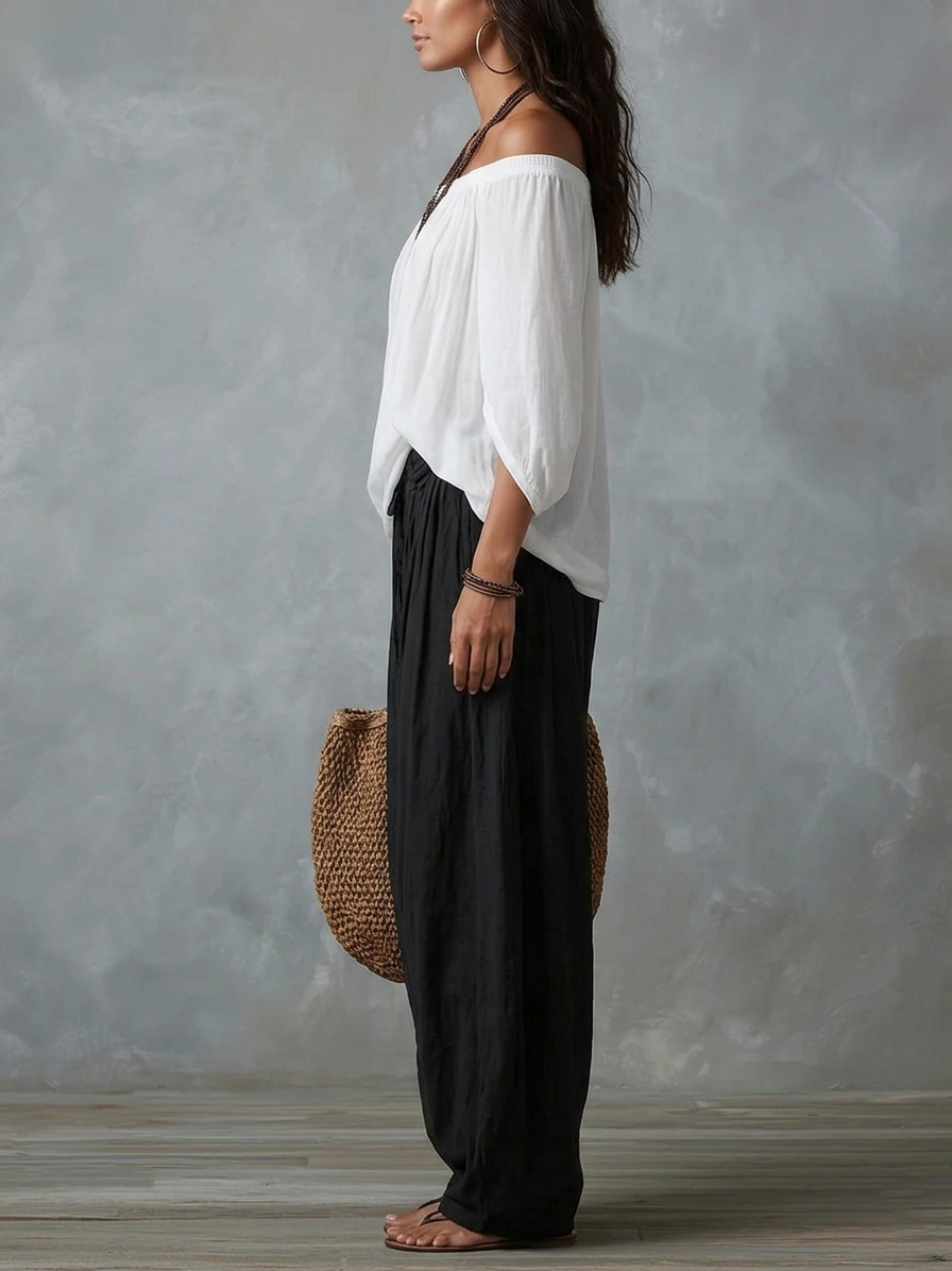 Aaliyah | Conjunto Top Hombros Descubiertos y Pantalón Lantern, Mezcla de Rayón