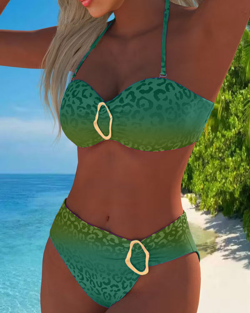 Bañador de cuello halter con estampado de leopardo y degradado
