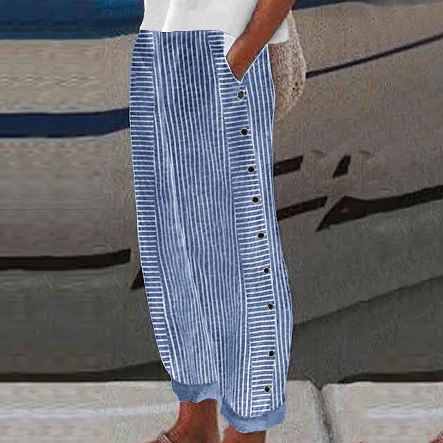 ☀️ Venta caliente de primavera 50% DE DESCUENTO!! 🌿🌸 Cómodo pantalón de rayas azules con bolsillos laterales