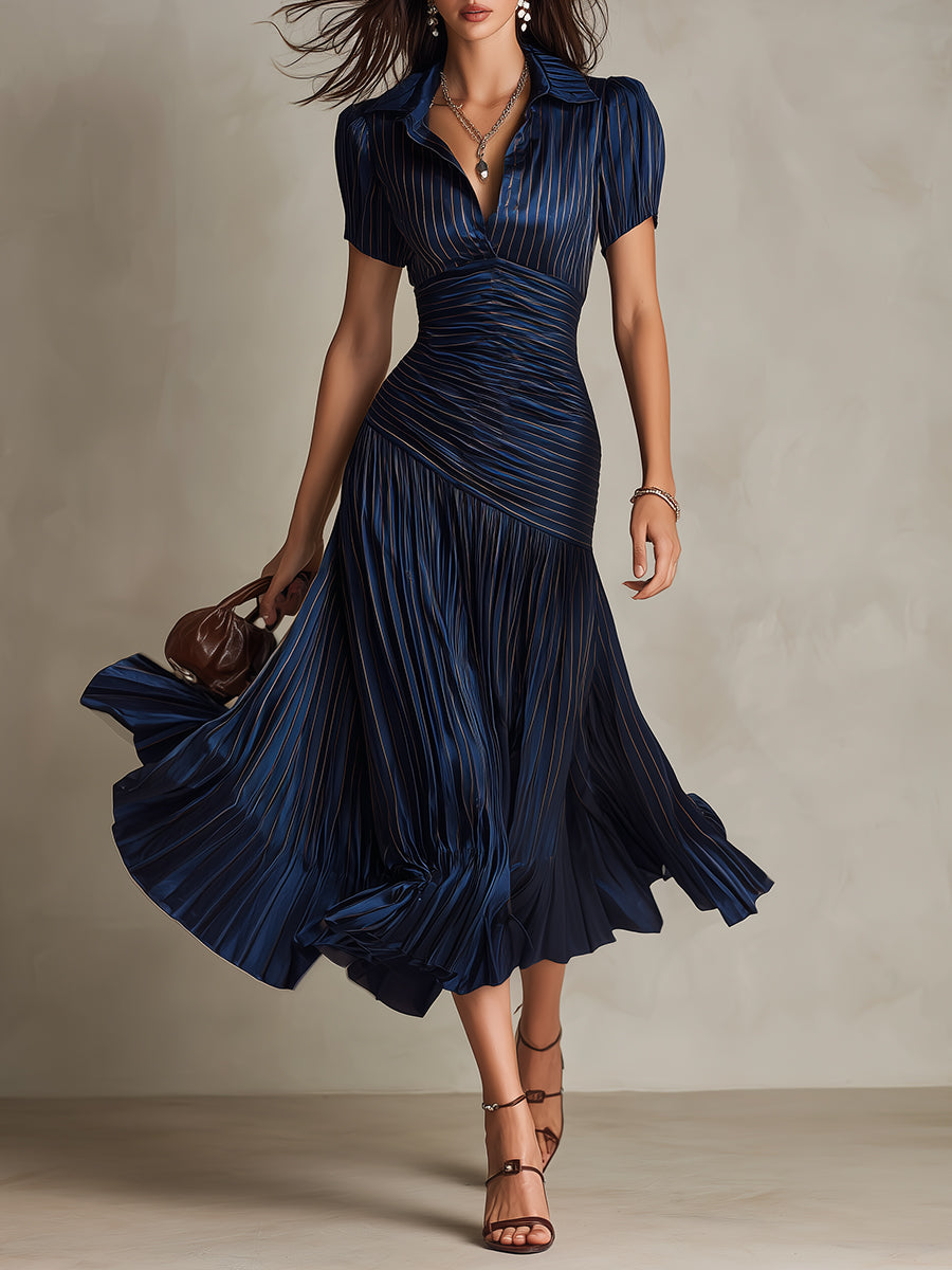 Adriana | Vestido Midi de Satén Rayado Estilo Retro