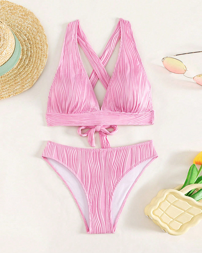Bikini sexy con escote en V profundo de color liso