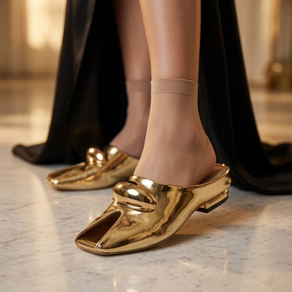 Women's Metallic Peep Toe Mule Sandals with Gold Buckle – Chic Low Heel Slip-On Shoes