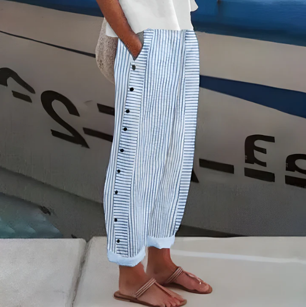 ☀️ Venta caliente de primavera 50% DE DESCUENTO!! 🌿🌸 Cómodo pantalón de rayas azules con bolsillos laterales