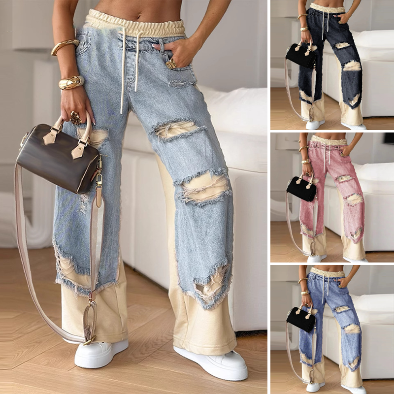 Pantalón vaquero patchwork de pernera ancha con cordón elástico