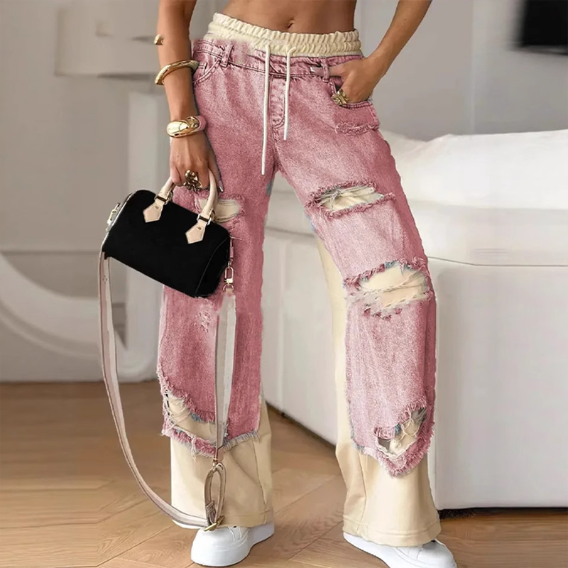 Pantalón vaquero patchwork de pernera ancha con cordón elástico