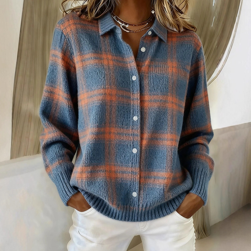 ⌛ ¡Solo 3 días – 50% en todo! ⏰Chaqueta de punto para mujer con estampado de cuadros y botonadura