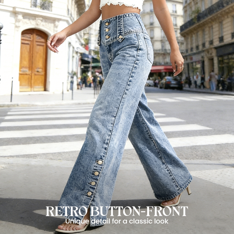 Vaqueros de tiro alto para mujer – Pernera ancha con botonadura y abertura en el bajo👖✨
