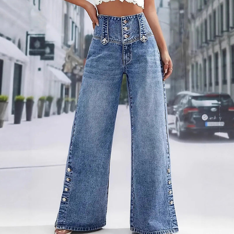 Vaqueros de tiro alto para mujer – Pernera ancha con botonadura y abertura en el bajo👖✨