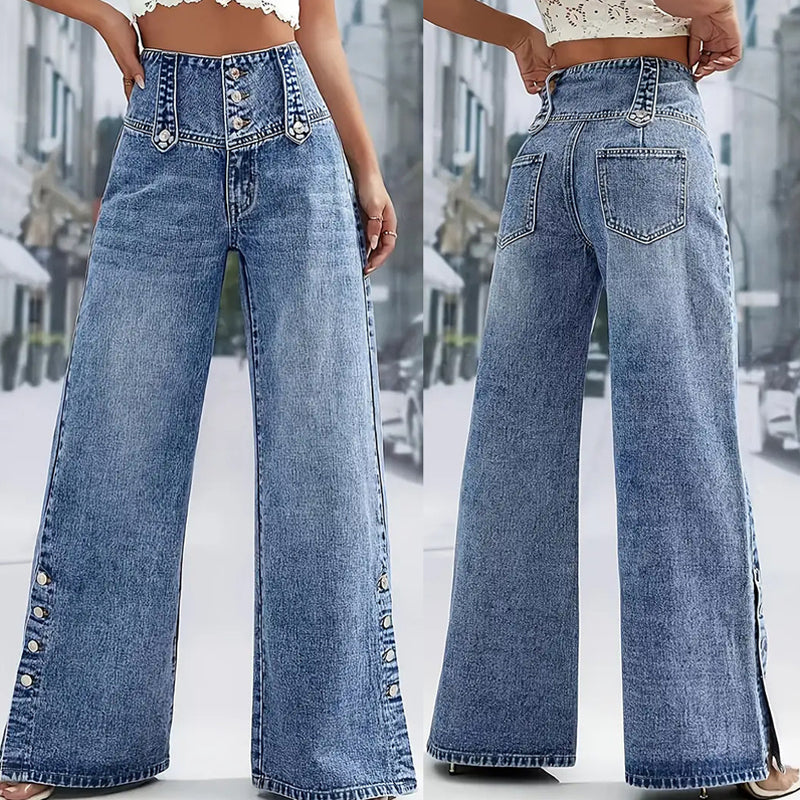 Vaqueros de tiro alto para mujer – Pernera ancha con botonadura y abertura en el bajo👖✨