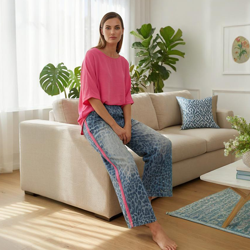💖 Conjunto de 2 piezas para mujer – Top rosa intenso y pantalón de leopardo – Holgado, cómodo y transpirable – Para ocio y salidas, S-5XL