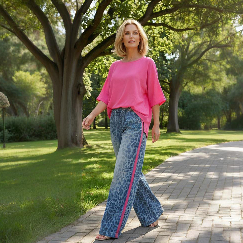 💖 Conjunto de 2 piezas para mujer – Top rosa intenso y pantalón de leopardo – Holgado, cómodo y transpirable – Para ocio y salidas, S-5XL