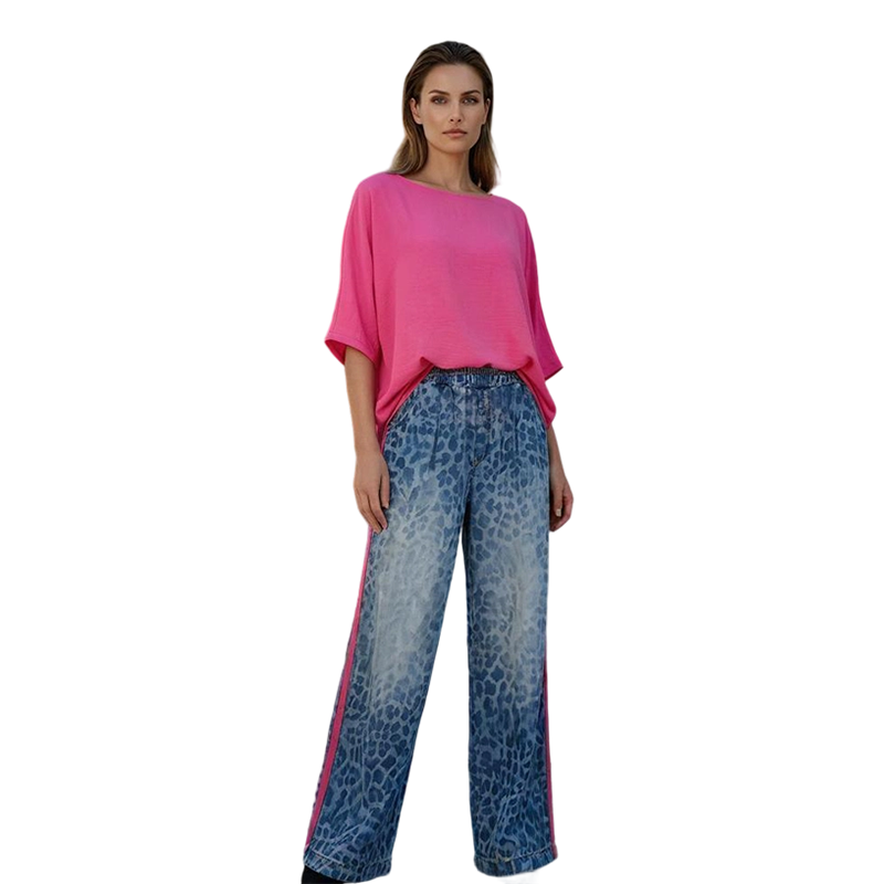 💖 Conjunto de 2 piezas para mujer – Top rosa intenso y pantalón de leopardo – Holgado, cómodo y transpirable – Para ocio y salidas, S-5XL
