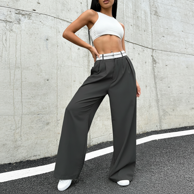 Pantalón de vestir para mujer de pierna ancha con cintura en contraste