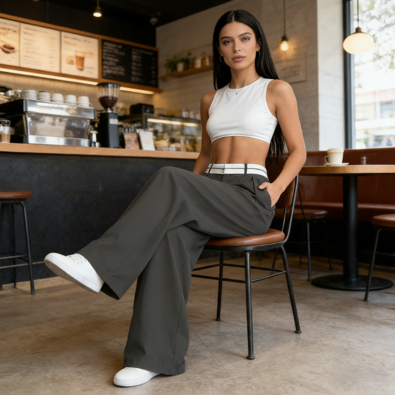 Pantalón de vestir para mujer de pierna ancha con cintura en contraste