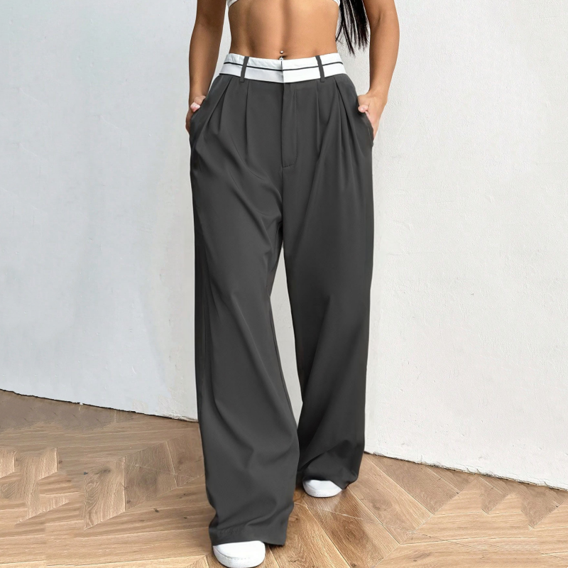 Pantalón de vestir para mujer de pierna ancha con cintura en contraste