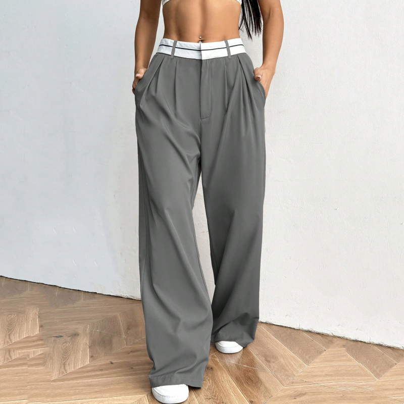 Pantalón de vestir para mujer de pierna ancha con cintura en contraste