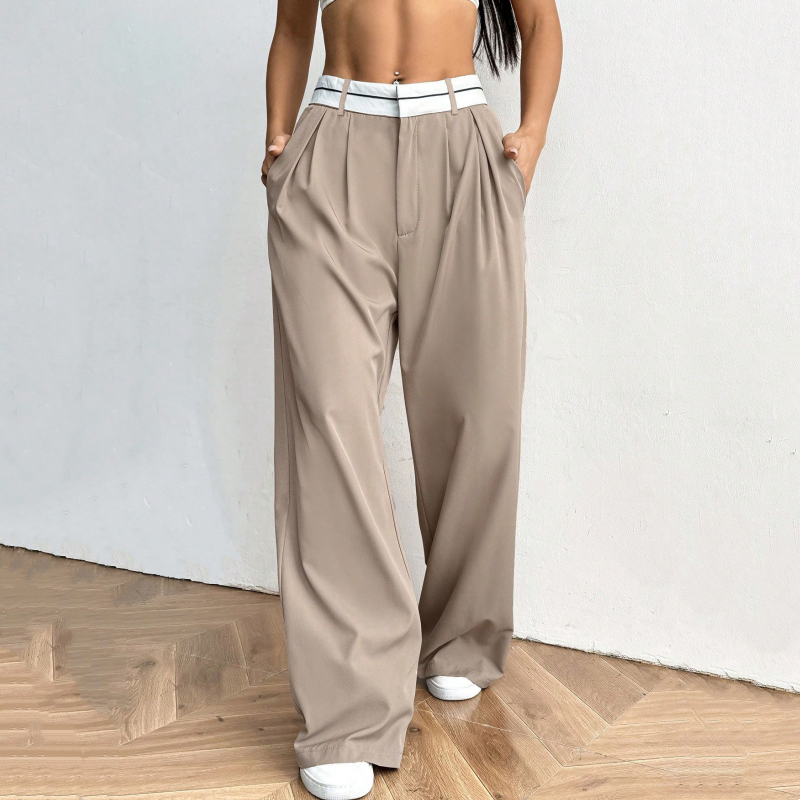 Pantalón de vestir para mujer de pierna ancha con cintura en contraste