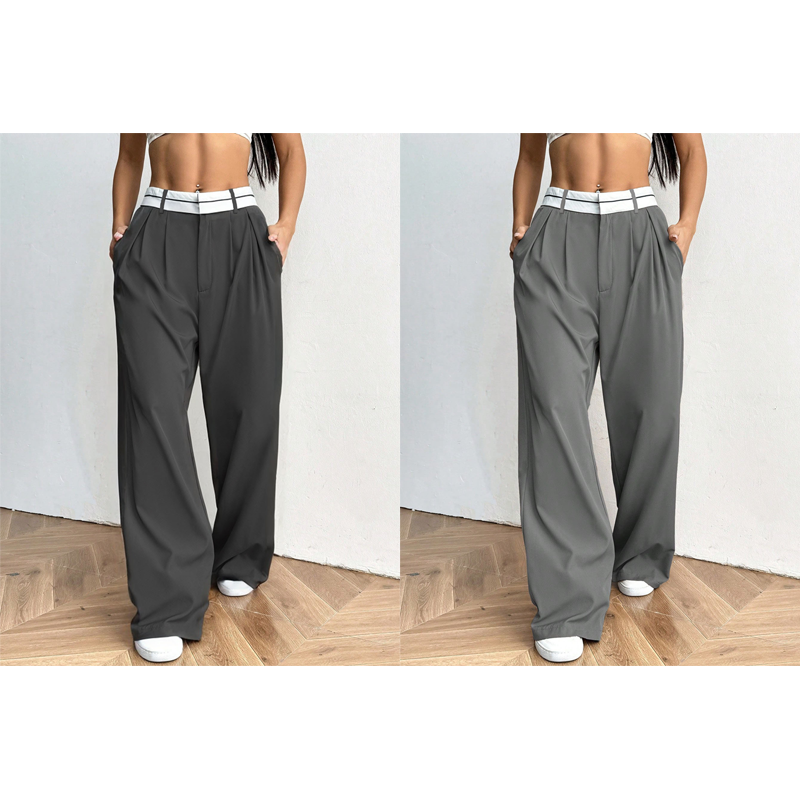 Pantalón de vestir para mujer de pierna ancha con cintura en contraste