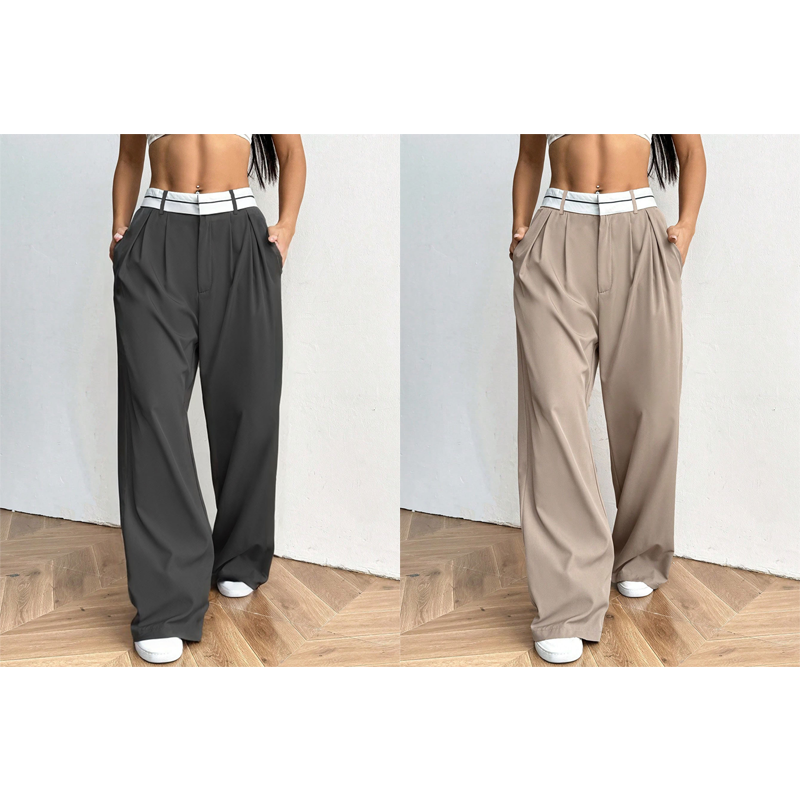 Pantalón de vestir para mujer de pierna ancha con cintura en contraste