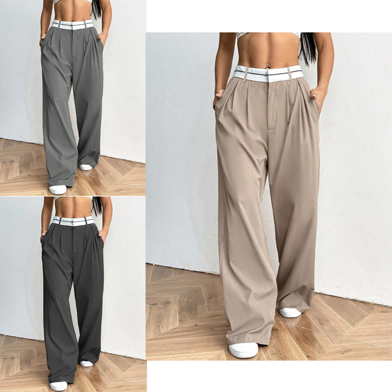 Pantalón de vestir para mujer de pierna ancha con cintura en contraste