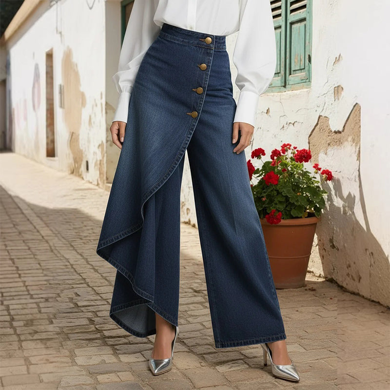 Falda-pantalón vaquera asimétrica – efecto cruzado, cómoda y moderna para el día a día