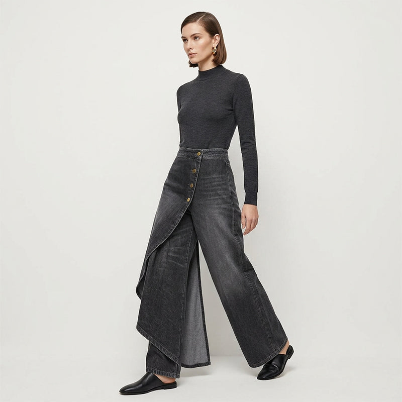 Falda-pantalón vaquera asimétrica – efecto cruzado, cómoda y moderna para el día a día