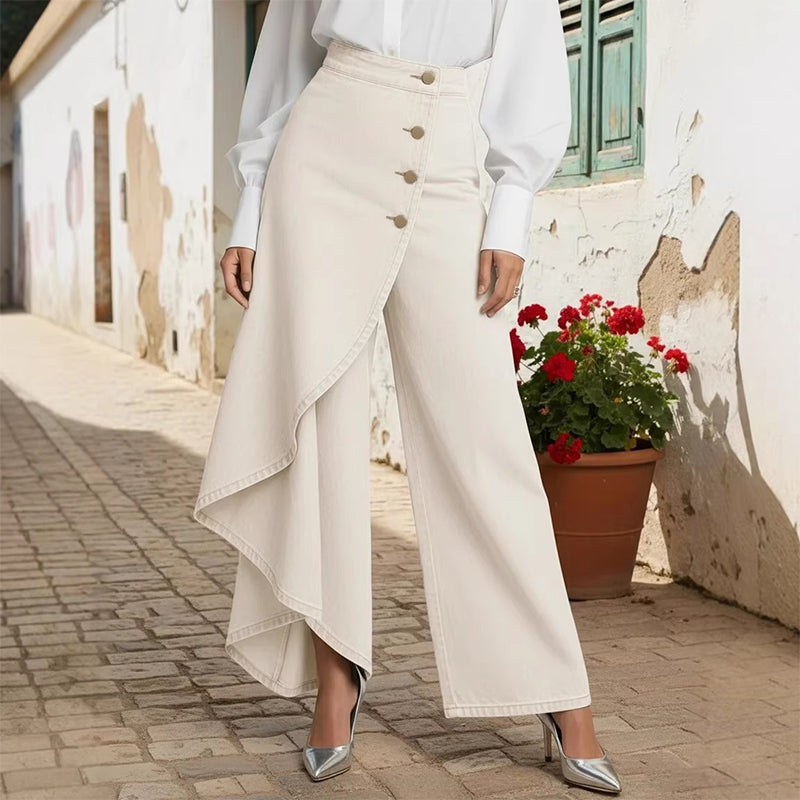Falda-pantalón vaquera asimétrica – efecto cruzado, cómoda y moderna para el día a día