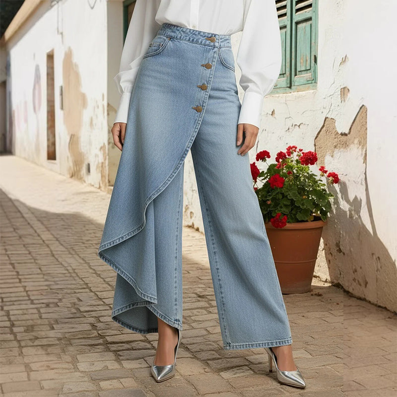 Falda-pantalón vaquera asimétrica – efecto cruzado, cómoda y moderna para el día a día