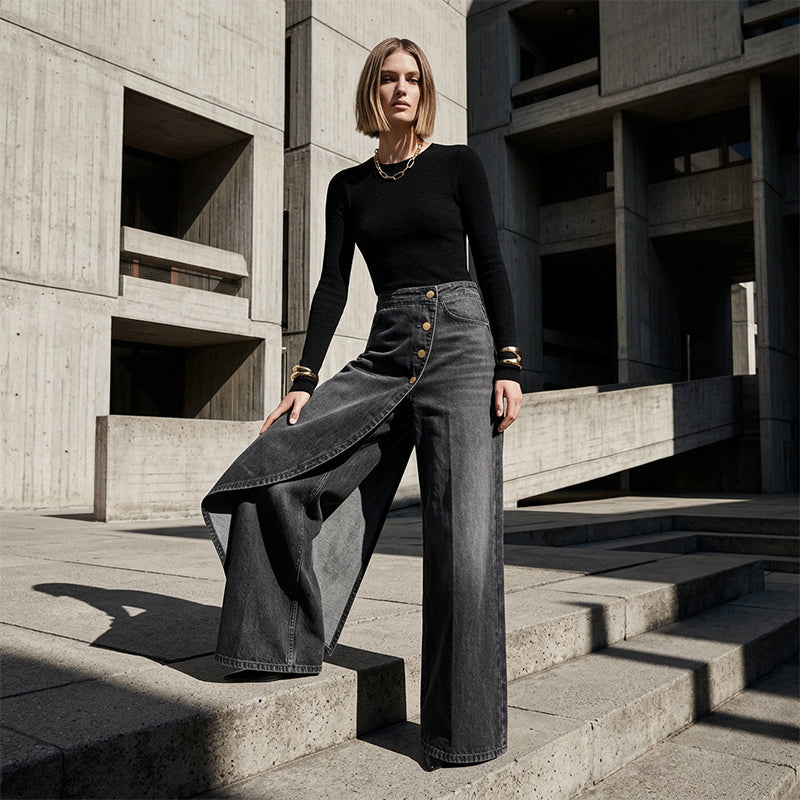 Falda-pantalón vaquera asimétrica – efecto cruzado, cómoda y moderna para el día a día