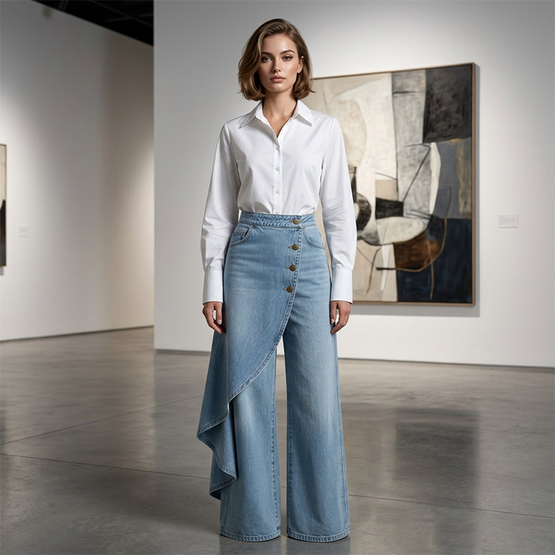 Falda-pantalón vaquera asimétrica – efecto cruzado, cómoda y moderna para el día a día