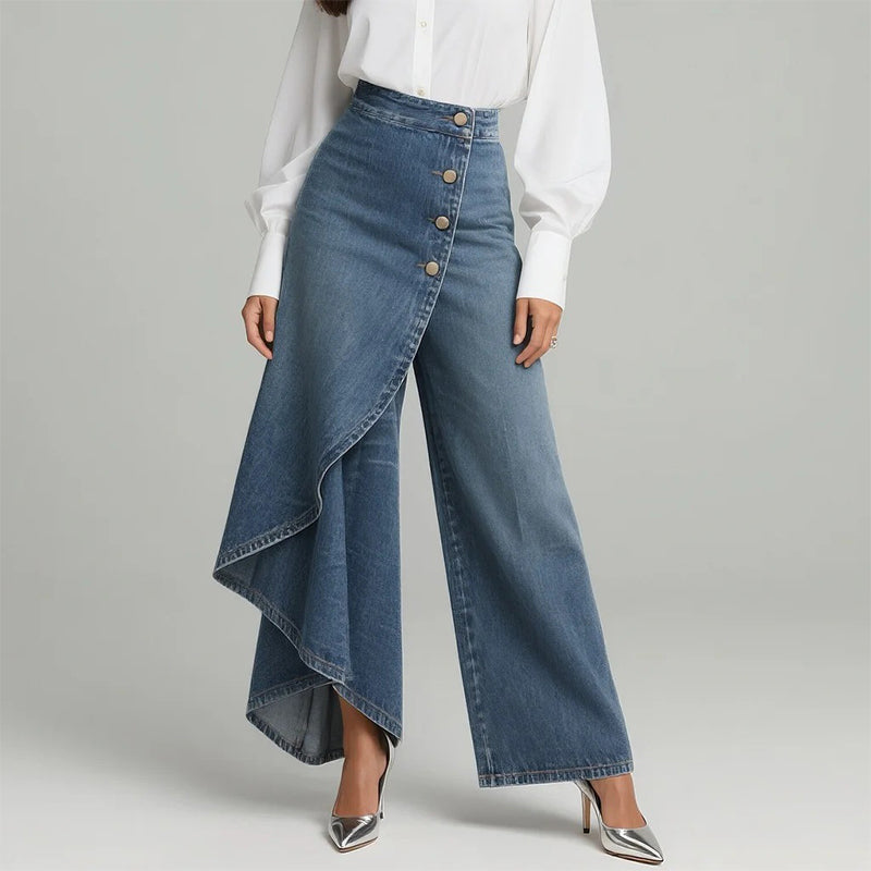 Falda-pantalón vaquera asimétrica – efecto cruzado, cómoda y moderna para el día a día