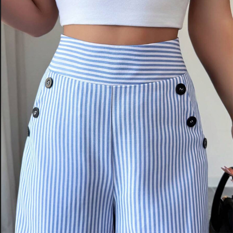 Pantalón de lino para mujer con rayas azul y blanco 👖 Tiro alto y corte recto holgado