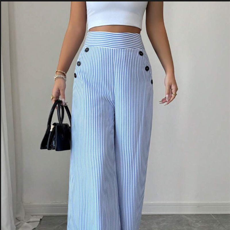 Pantalón de lino para mujer con rayas azul y blanco 👖 Tiro alto y corte recto holgado