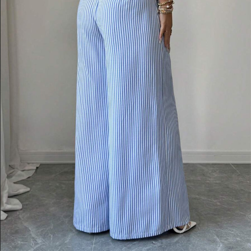 Pantalón de lino para mujer con rayas azul y blanco 👖 Tiro alto y corte recto holgado