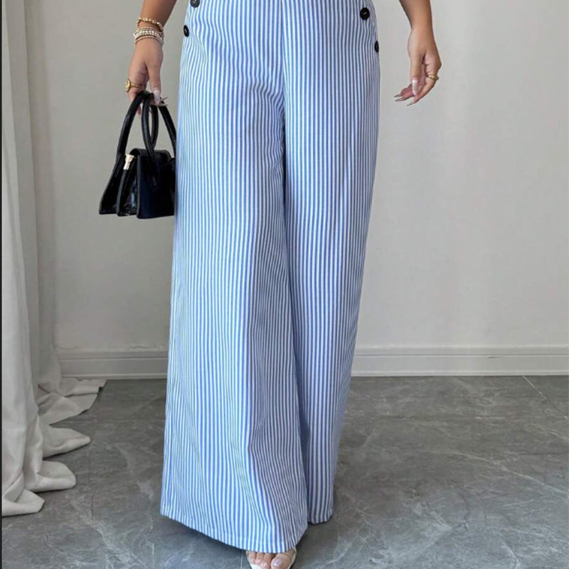 Pantalón de lino para mujer con rayas azul y blanco 👖 Tiro alto y corte recto holgado