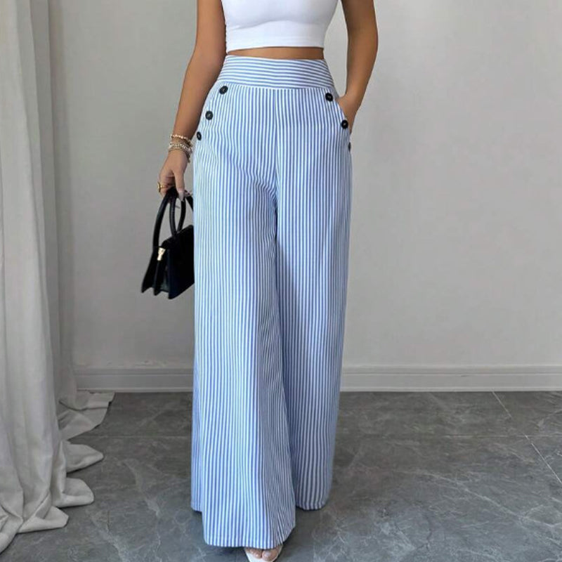 Pantalón de lino para mujer con rayas azul y blanco 👖 Tiro alto y corte recto holgado