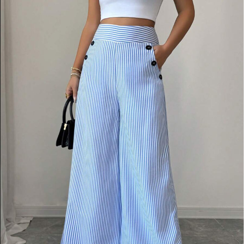 Pantalón de lino para mujer con rayas azul y blanco 👖 Tiro alto y corte recto holgado