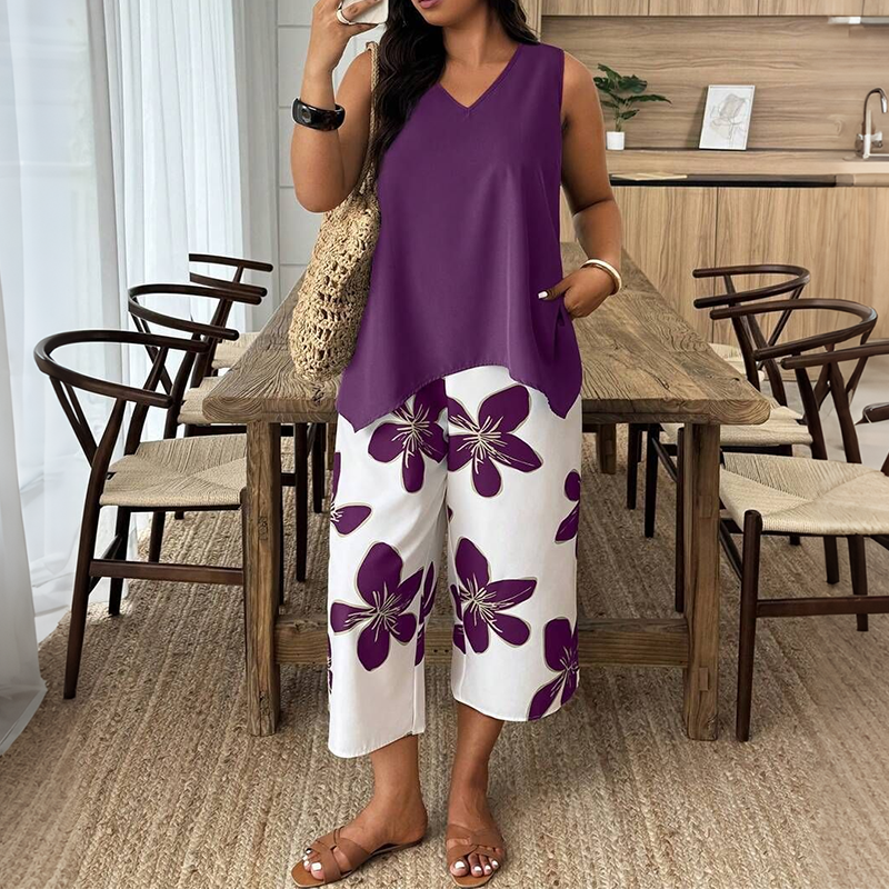 🌸 SOLO POR TIEMPO LIMITADO: ¡50% DE DESCUENTO! ✨ Conjunto de top asimétrico y pantalón capri con estampado floral para mujer – versátil, colorido y cómodo 🌺