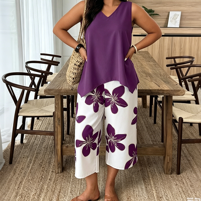 🌸 SOLO POR TIEMPO LIMITADO: ¡50% DE DESCUENTO! ✨ Conjunto de top asimétrico y pantalón capri con estampado floral para mujer – versátil, colorido y cómodo 🌺