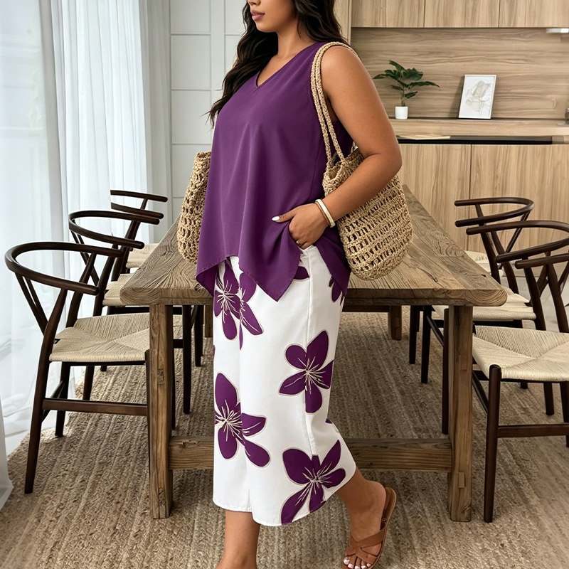 🌸 SOLO POR TIEMPO LIMITADO: ¡50% DE DESCUENTO! ✨ Conjunto de top asimétrico y pantalón capri con estampado floral para mujer – versátil, colorido y cómodo 🌺