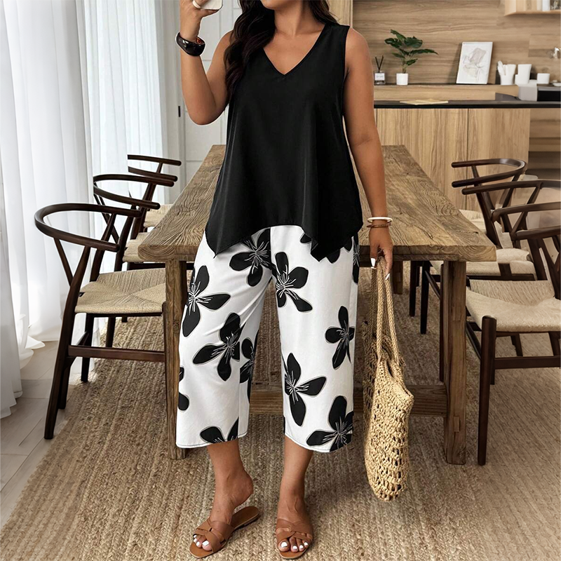 🌸 SOLO POR TIEMPO LIMITADO: ¡50% DE DESCUENTO! ✨ Conjunto de top asimétrico y pantalón capri con estampado floral para mujer – versátil, colorido y cómodo 🌺