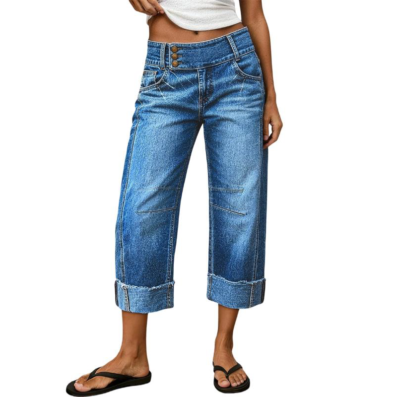 ⏰ 50% DE DESCUENTO – Solo por tiempo limitado ✨👖 Vaqueros cropped favorecedores de tiro alto y pernera ancha – Cierre de 3 botones, bajos remangados y calidad transpirable