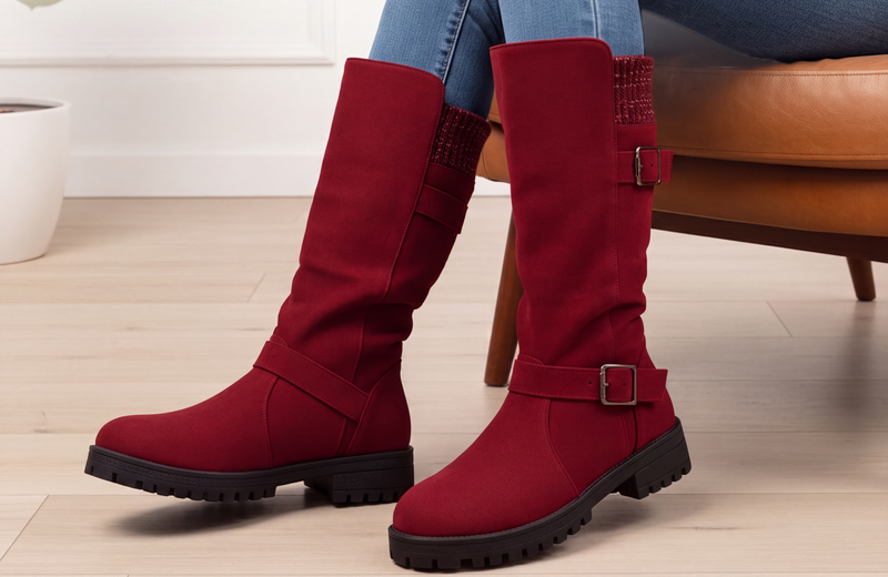 Botas de caña media en rojo combinadas con vaqueros en un salón