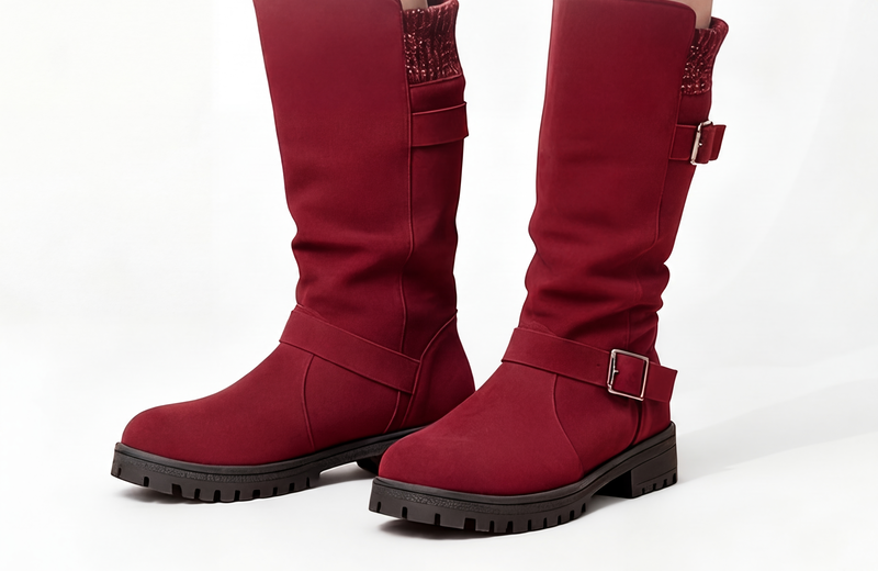 Par de botas slouchy de caña media en rojo sobre fondo blanco