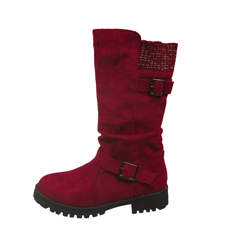 Botas slouchy de caña media en rojo con puño de punto, vista lateral